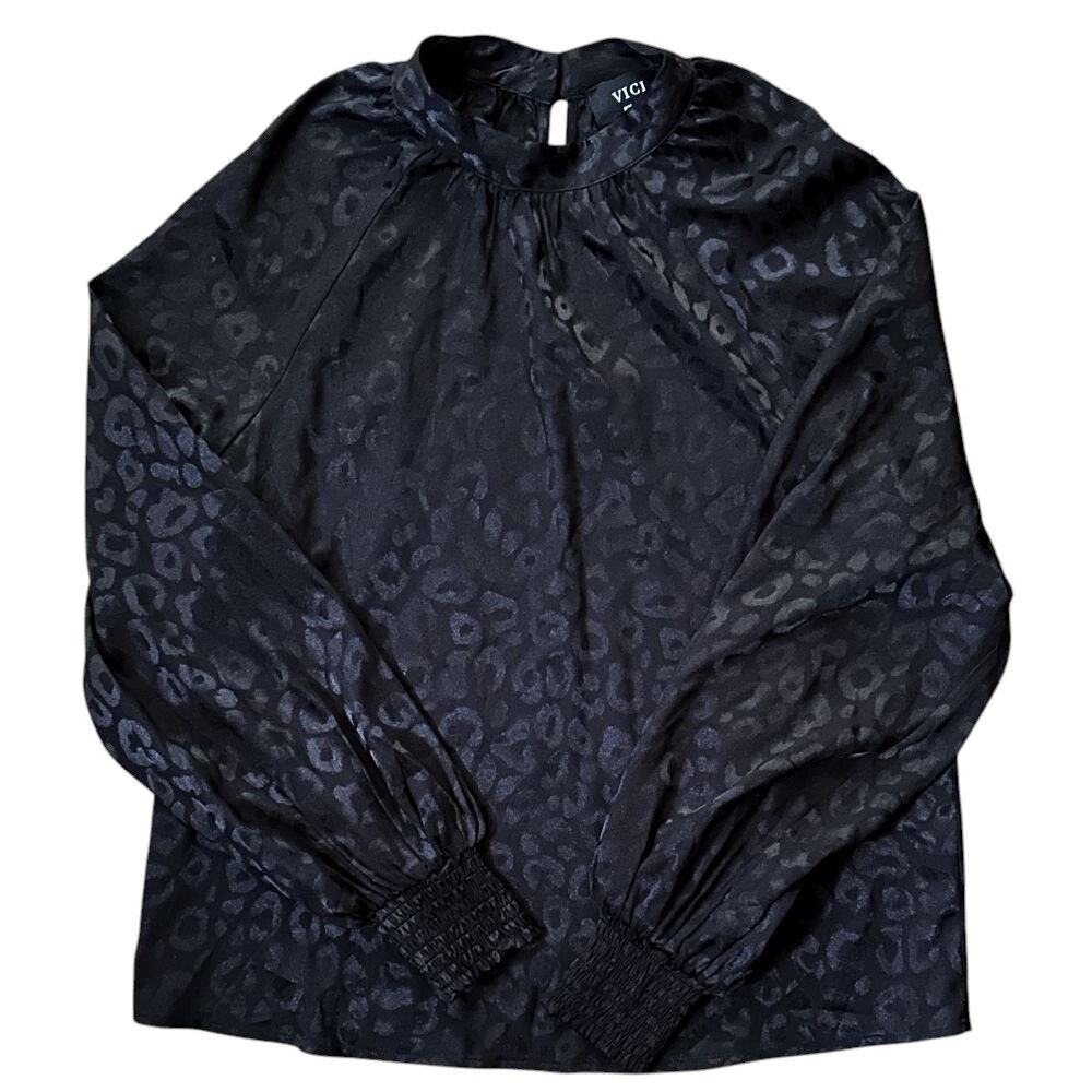 Vici Long Sleeve High Neck Keyhole Black Satin Blouse Small